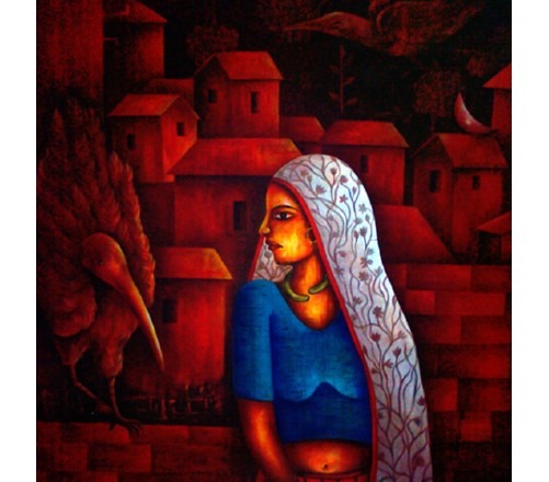 Vibrant painting of a woman in traditional attire standing against a backdrop of red houses