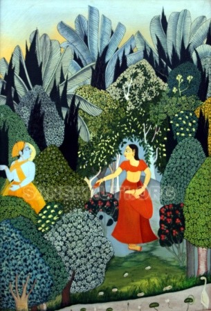 Classical Indian miniature painting style depicting figures in a lush green forest