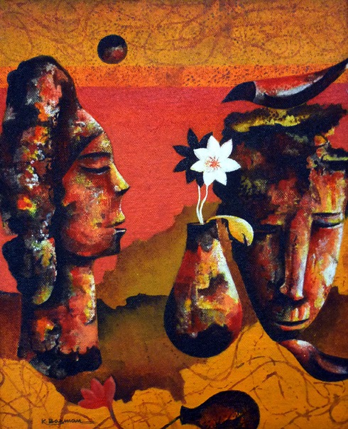 Modern abstract fine-art painting showcasing dual human faces, a vase, and a bird at Sanskruti Art Academy